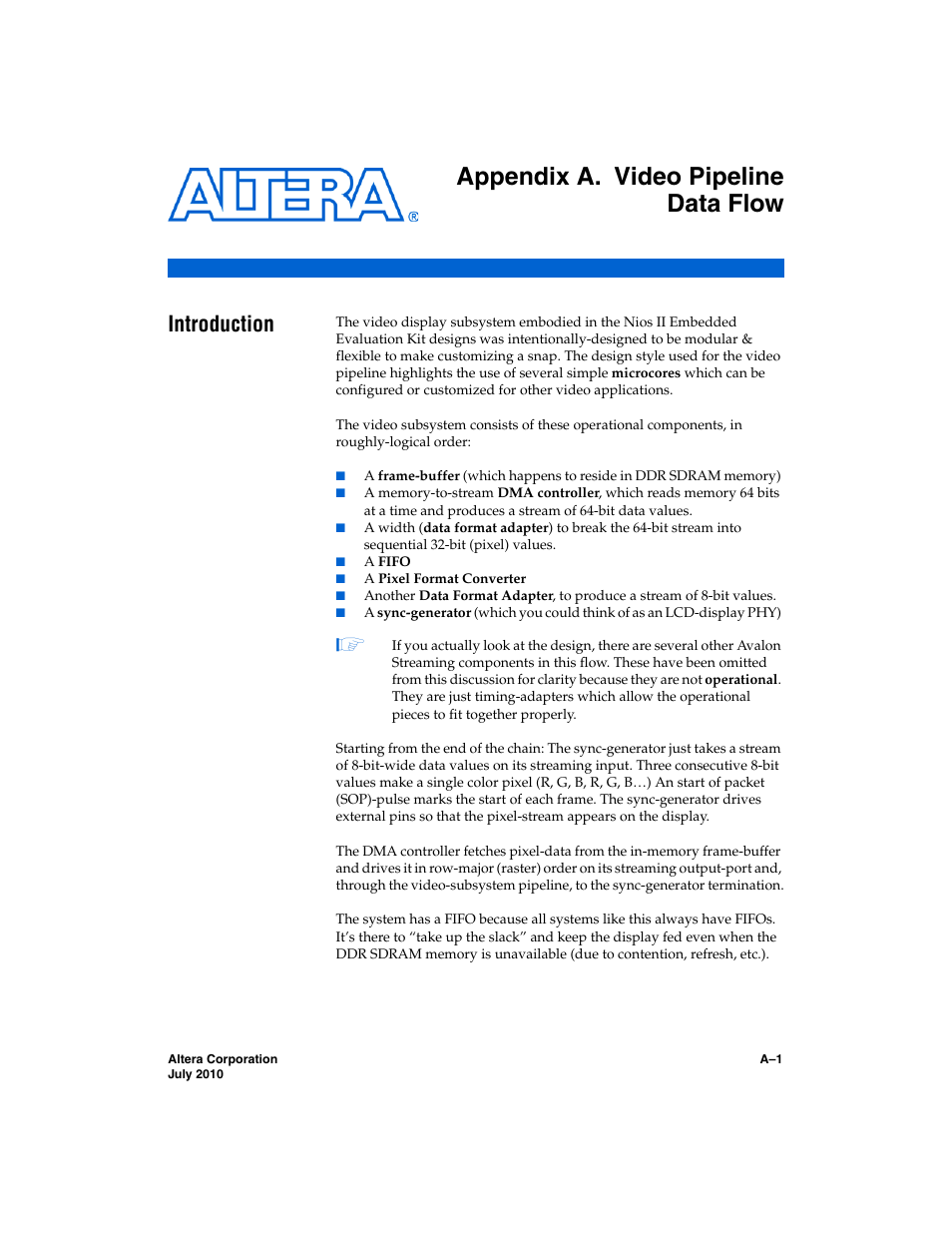 Appendix a. video pipeline data flow, Introduction, Appendix a, video pipeline data | Flow | Altera Nios II Embedded Evaluation Kit Cyclone III Edition User Manual | Page 51 / 80