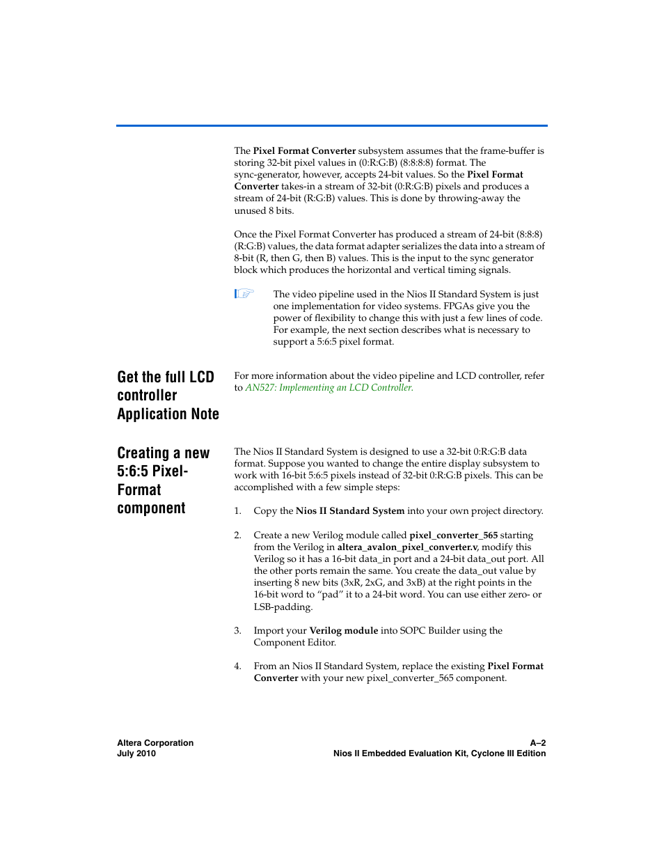 Get the full lcd controller application note, Creating a new 5:6:5 pixel- format component | Altera Nios II Embedded Evaluation Kit Cyclone III Edition User Manual | Page 52 / 80