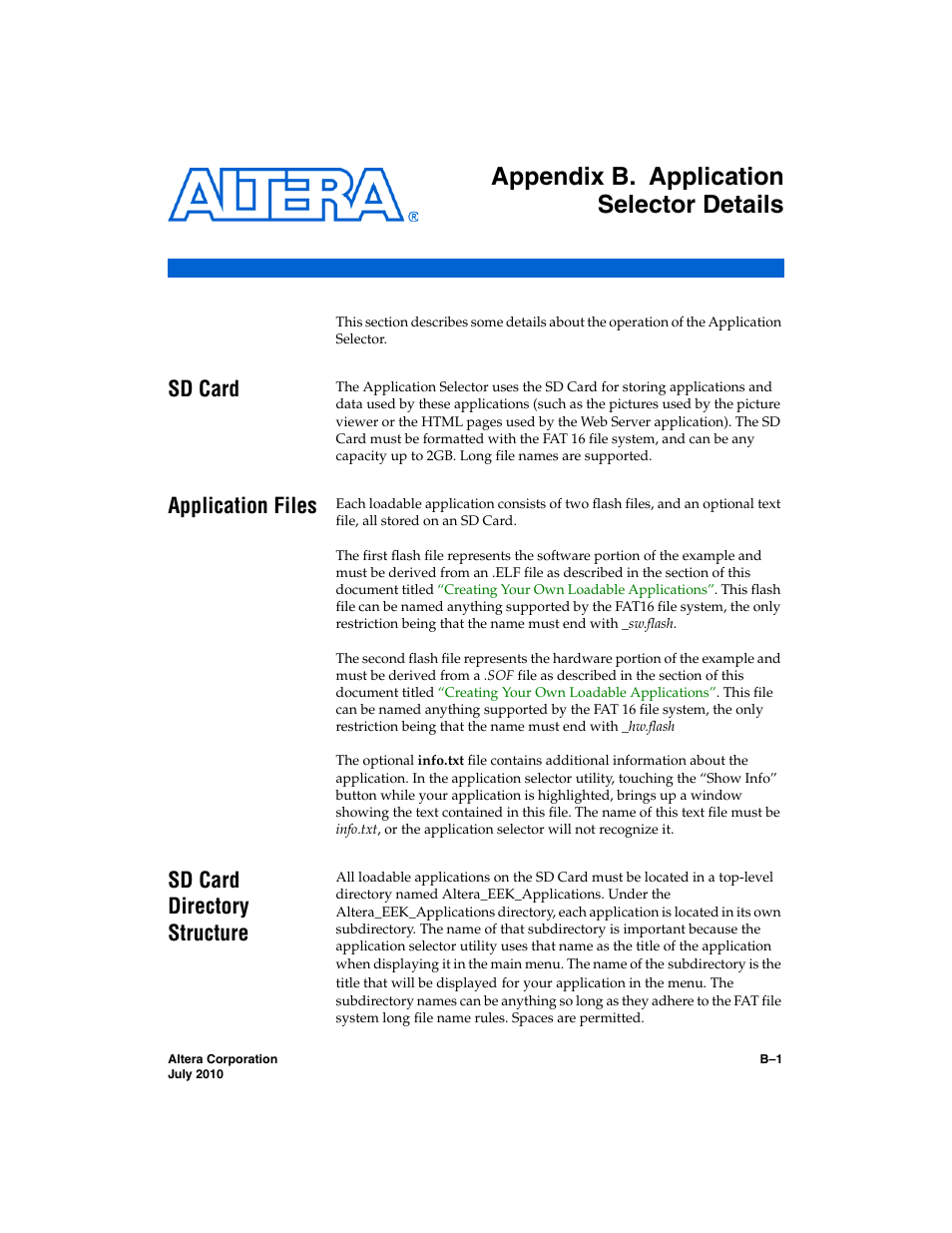 Appendix b. application selector details, Sd card, Application files | Sd card directory structure, Appendix b, application selector details | Altera Nios II Embedded Evaluation Kit Cyclone III Edition User Manual | Page 55 / 80