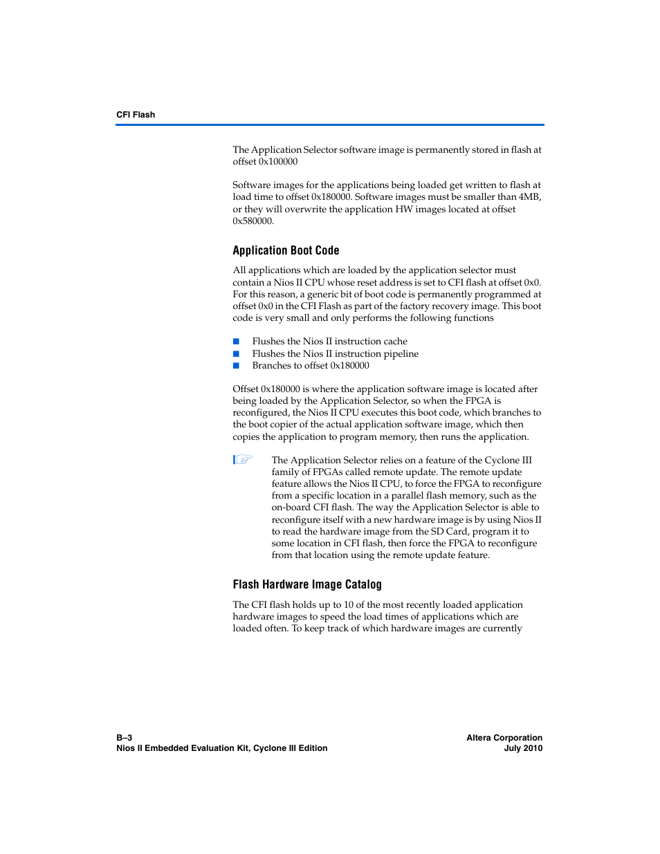 Application boot code, Flash hardware image catalog | Altera Nios II Embedded Evaluation Kit Cyclone III Edition User Manual | Page 57 / 80