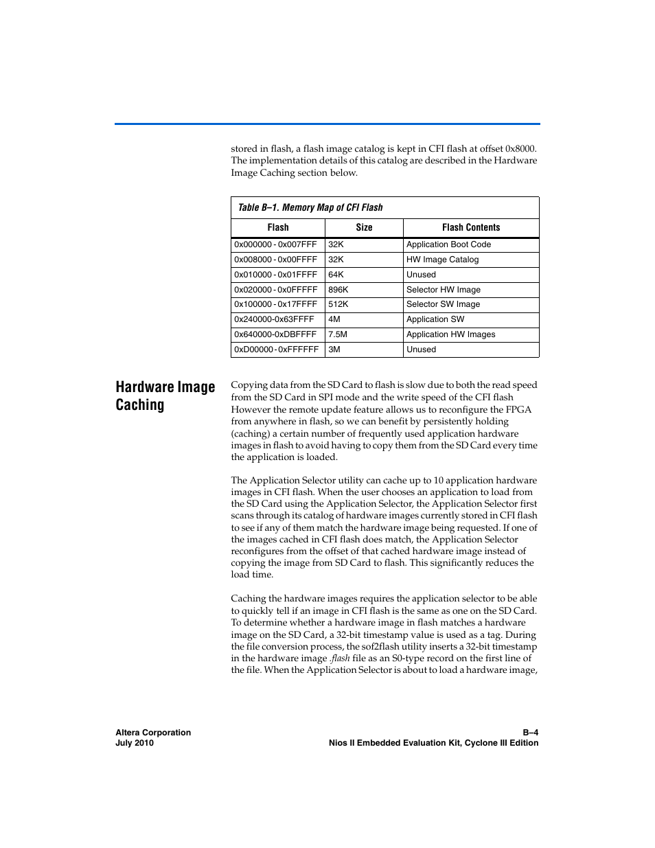 Hardware image caching, Table b–1, Shows | Altera Nios II Embedded Evaluation Kit Cyclone III Edition User Manual | Page 58 / 80