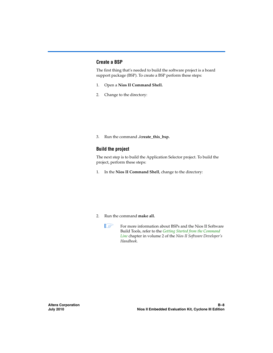 Create a bsp, Build the project | Altera Nios II Embedded Evaluation Kit Cyclone III Edition User Manual | Page 62 / 80