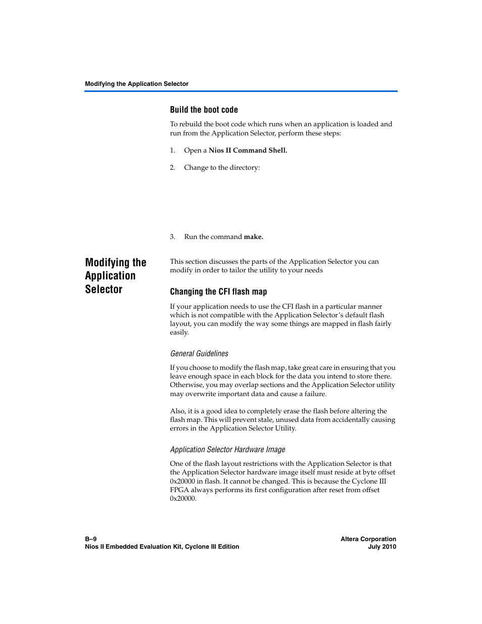 Build the boot code, Modifying the application selector, Changing the cfi flash map | Altera Nios II Embedded Evaluation Kit Cyclone III Edition User Manual | Page 63 / 80