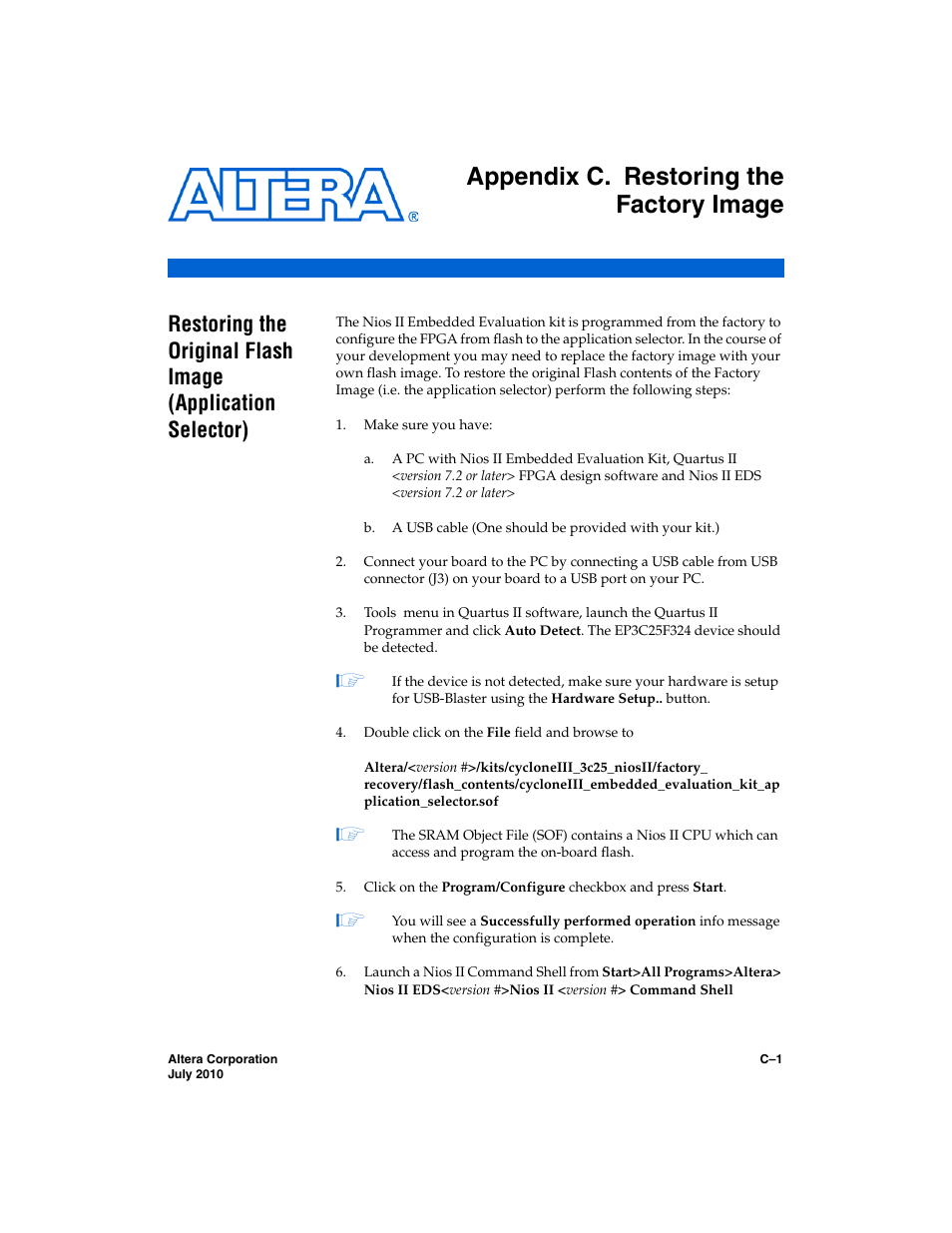 Appendix c. restoring the factory image, Appendix c, restoring, The factory image | Altera Nios II Embedded Evaluation Kit Cyclone III Edition User Manual | Page 67 / 80