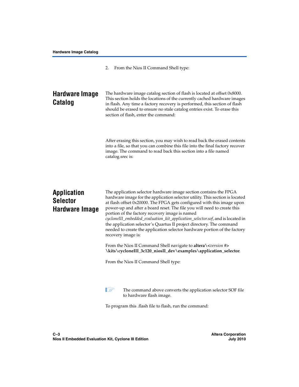 Hardware image catalog, Application selector hardware image | Altera Nios II Embedded Evaluation Kit Cyclone III Edition User Manual | Page 69 / 80