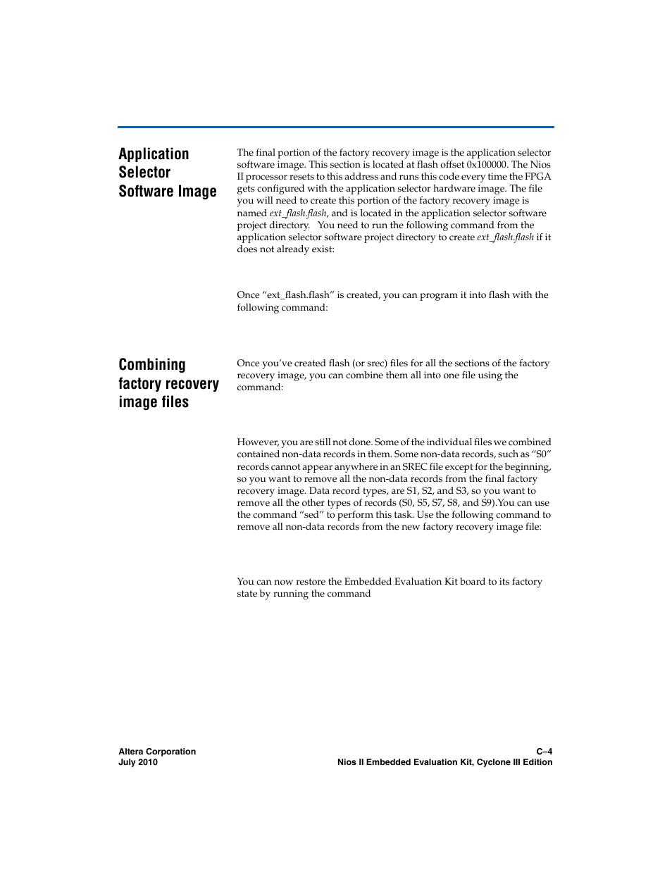 Application selector software image, Combining factory recovery image files | Altera Nios II Embedded Evaluation Kit Cyclone III Edition User Manual | Page 70 / 80