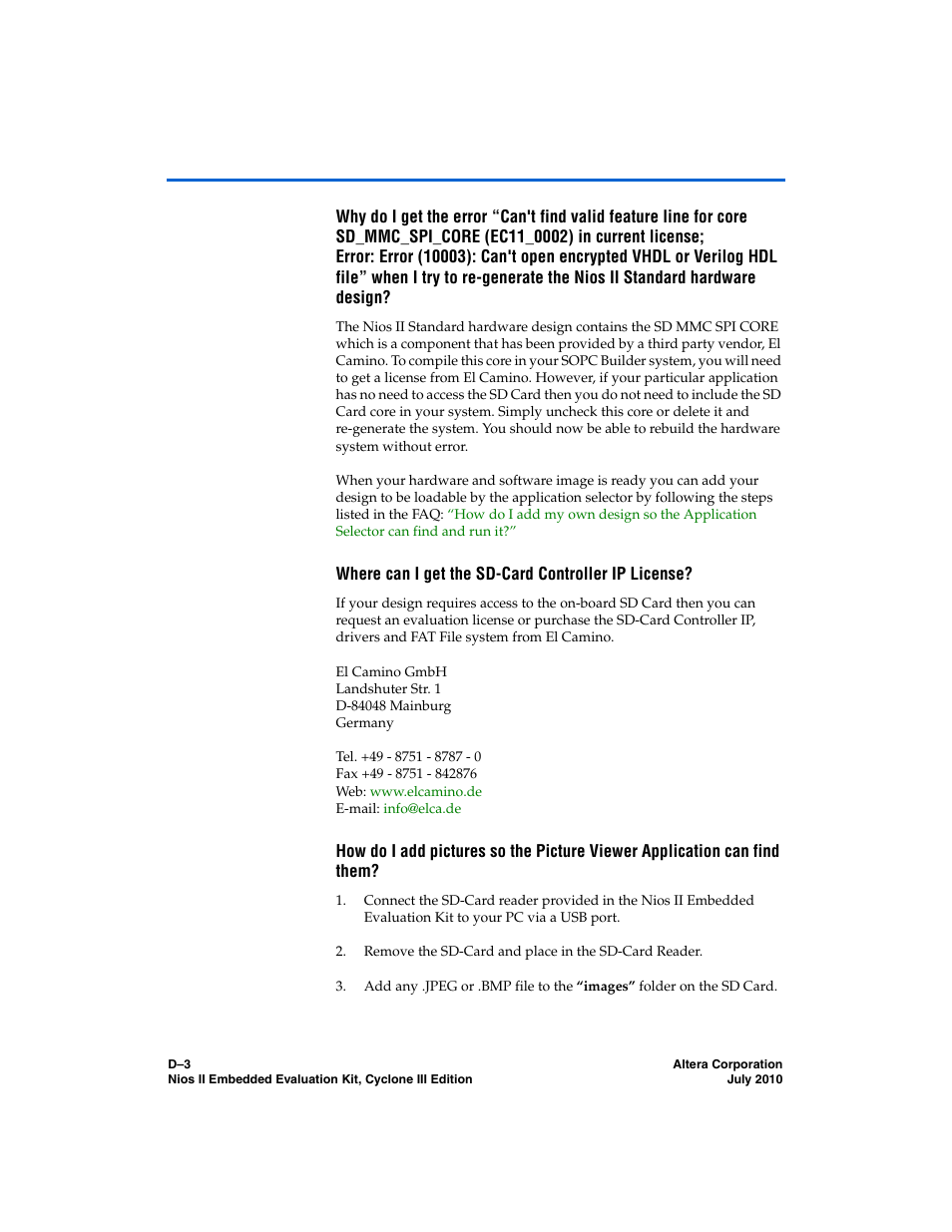 Where can i get the sd-card controller ip license | Altera Nios II Embedded Evaluation Kit Cyclone III Edition User Manual | Page 73 / 80