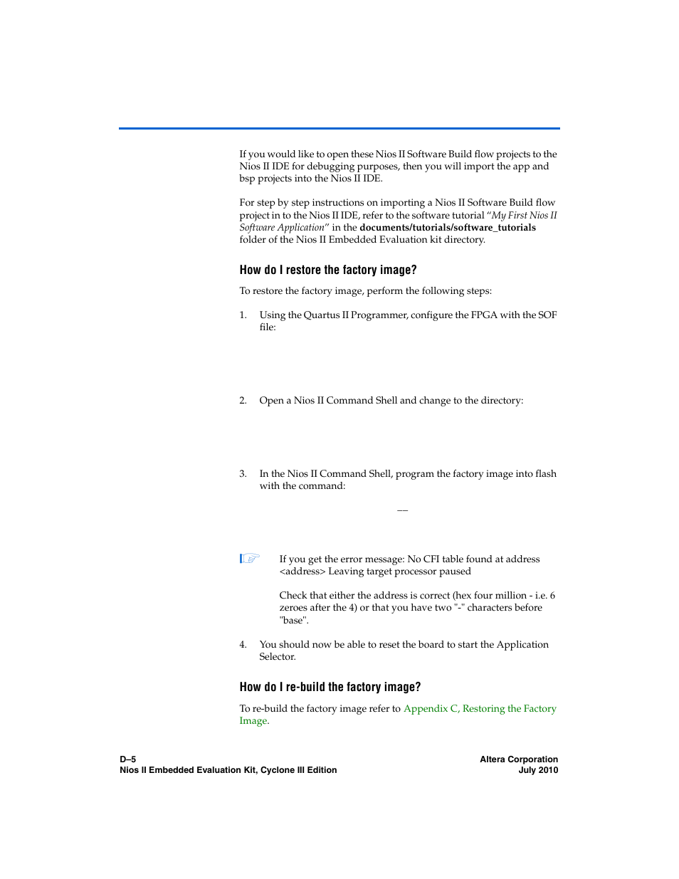 How do i restore the factory image, How do i re-build the factory image | Altera Nios II Embedded Evaluation Kit Cyclone III Edition User Manual | Page 75 / 80