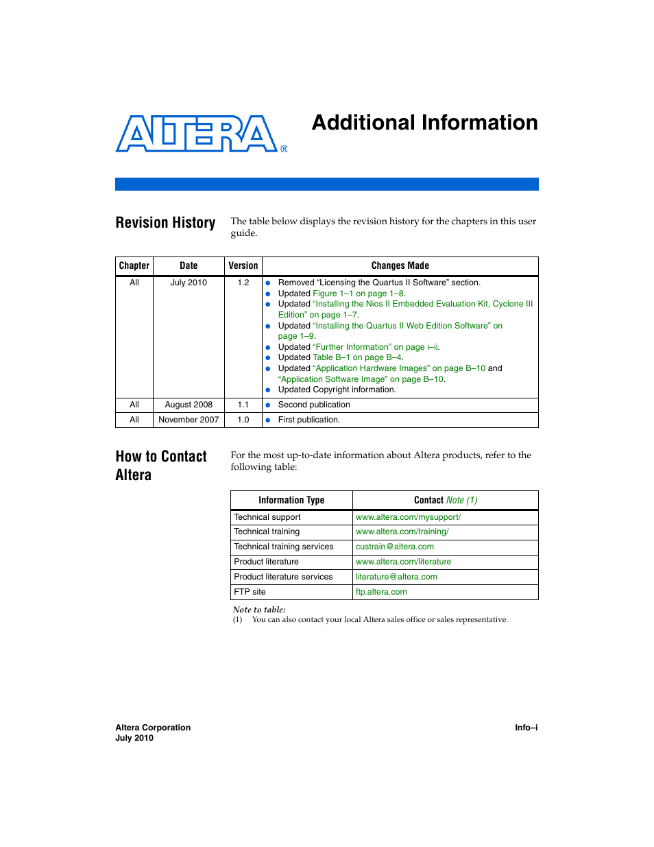 Additional information, Revision history, How to contact altera | Altera Nios II Embedded Evaluation Kit Cyclone III Edition User Manual | Page 77 / 80