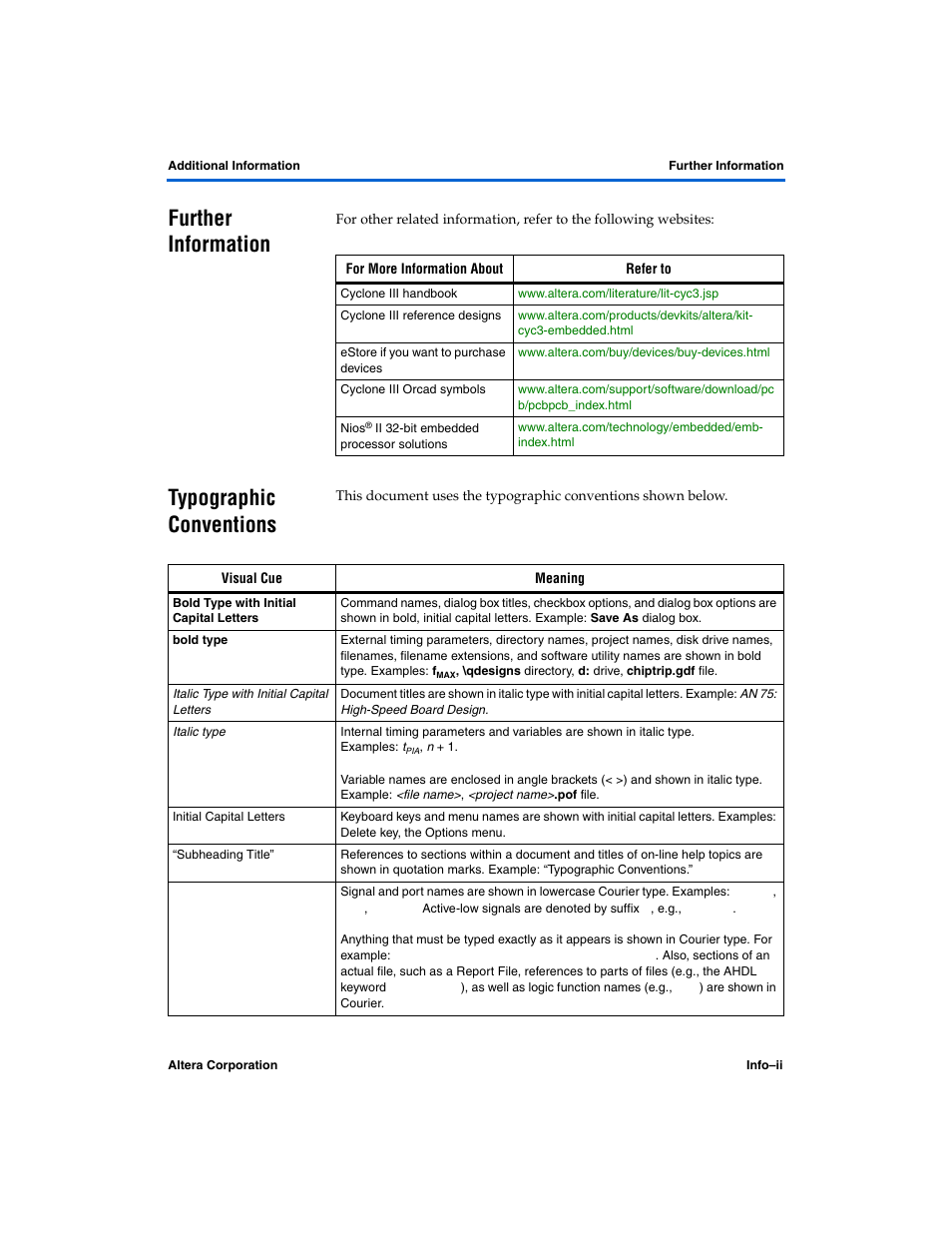 Further information, Typographic conventions, Pdated | Altera Nios II Embedded Evaluation Kit Cyclone III Edition User Manual | Page 78 / 80