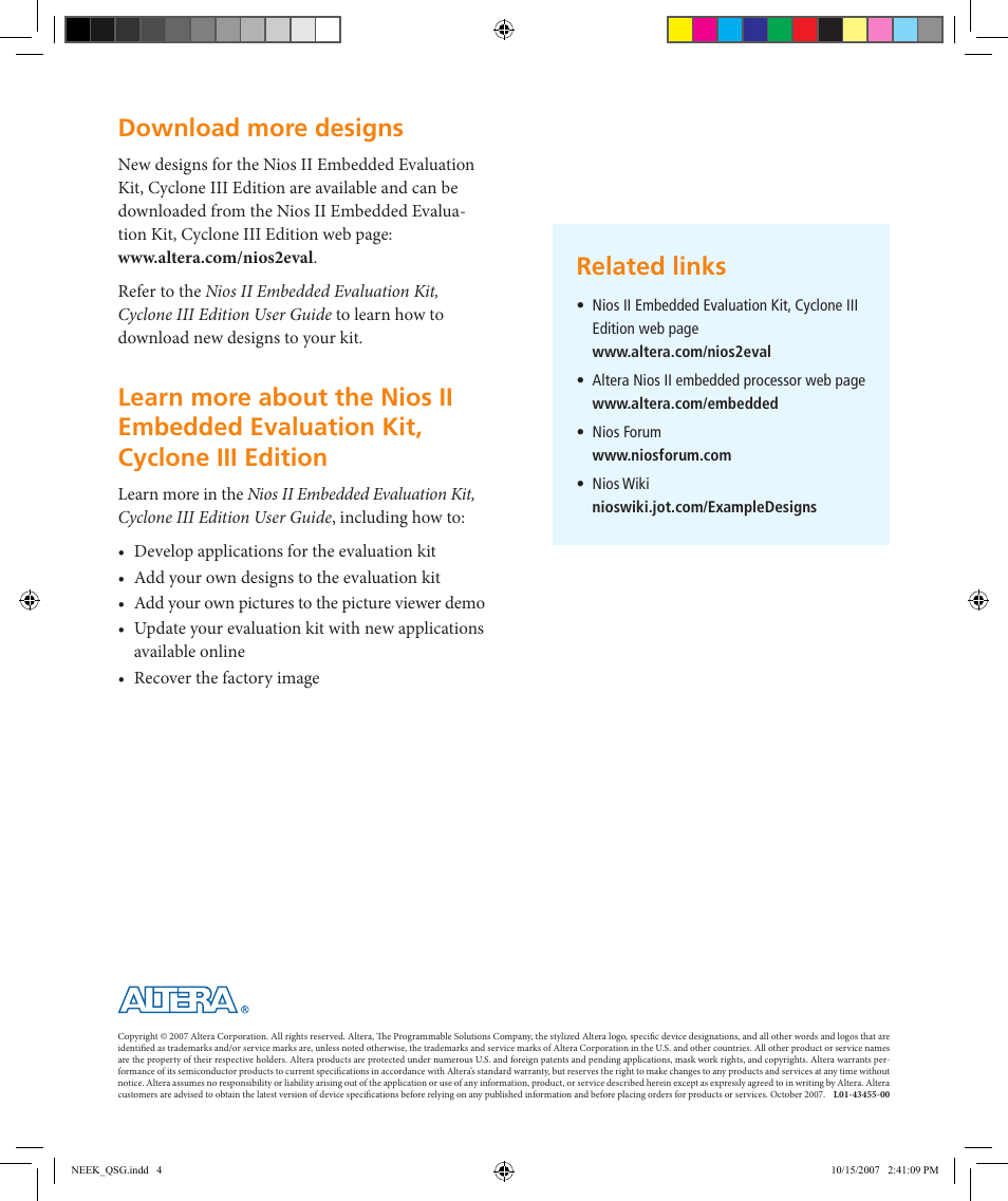 Download more designs, Related links | Altera Nios II Embedded Evaluation Kit Cyclone III Edition User Manual | Page 3 / 3
