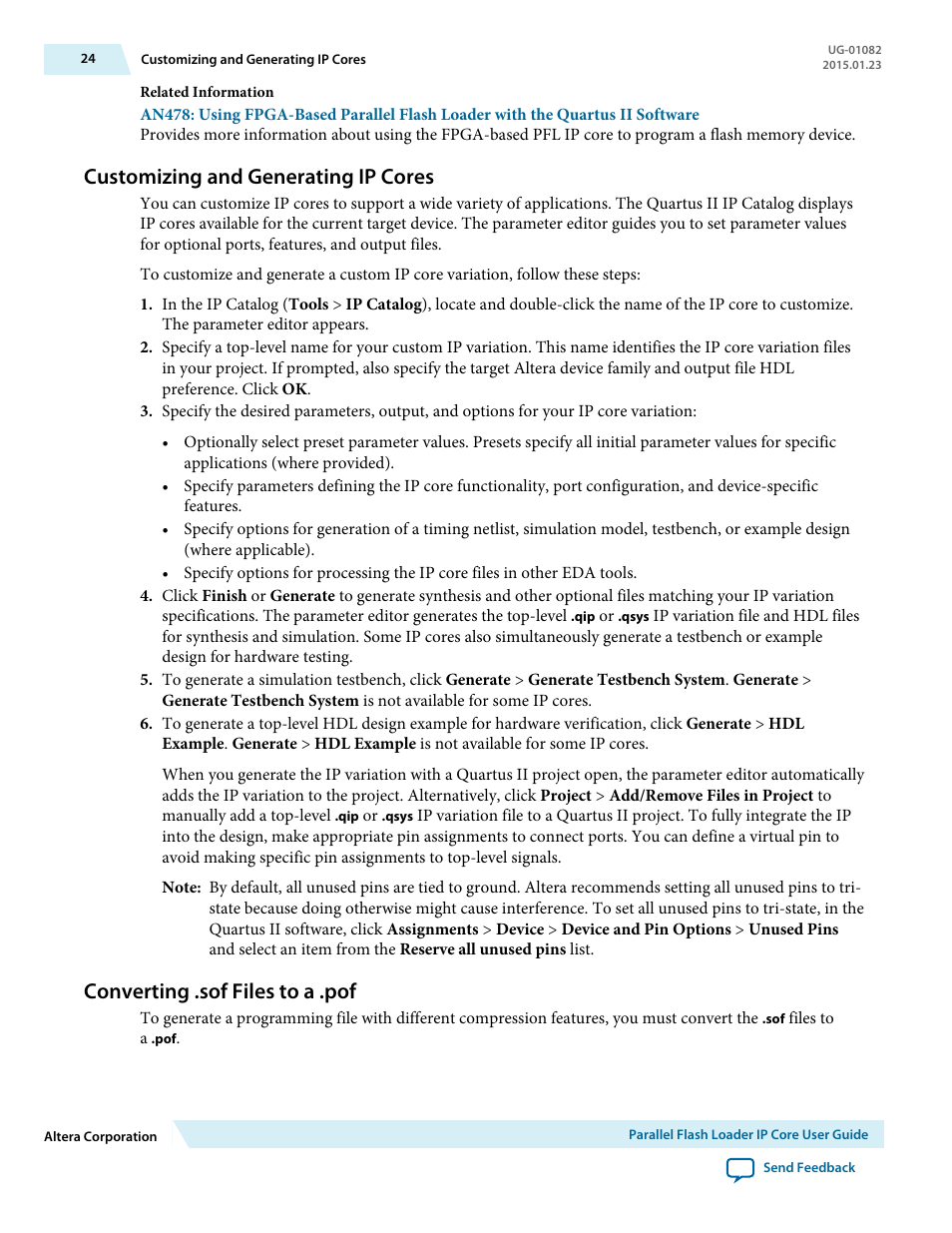 Customizing and generating ip cores, Converting .sof files to a .pof | Altera Parallel Flash Loader IP User Manual | Page 24 / 57