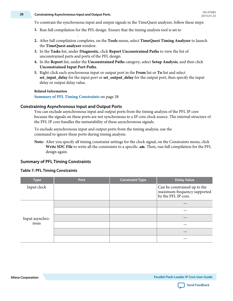 Constraining asynchronous input and output ports, Summary of pfl timing constraints | Altera Parallel Flash Loader IP User Manual | Page 28 / 57