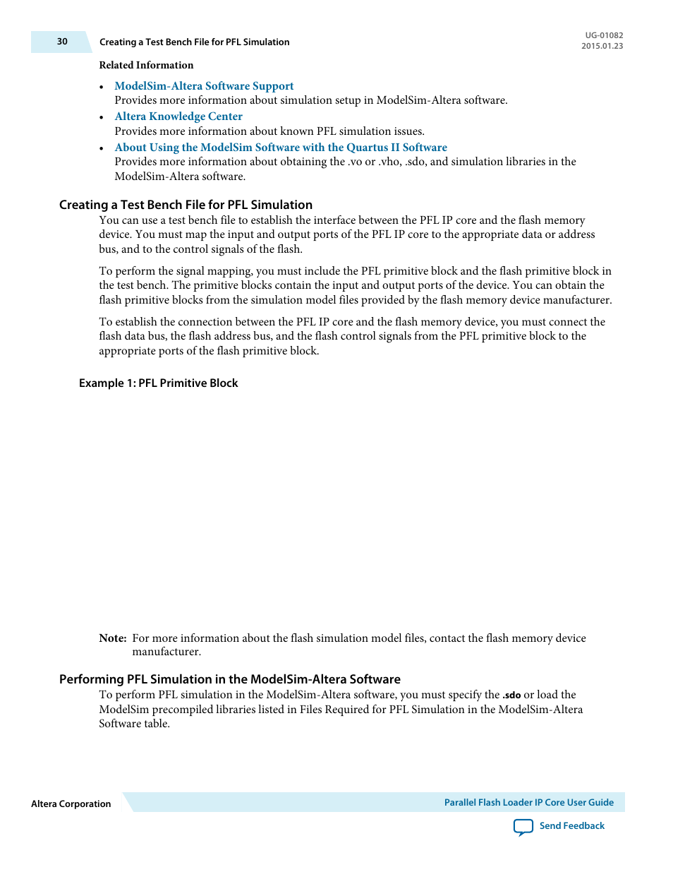 Creating a test bench file for pfl simulation | Altera Parallel Flash Loader IP User Manual | Page 30 / 57