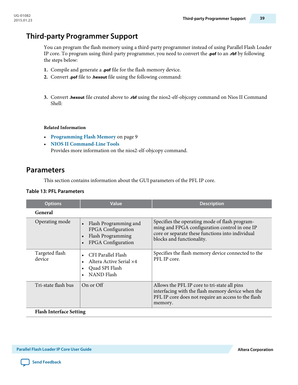Third-party programmer support, Parameters | Altera Parallel Flash Loader IP User Manual | Page 39 / 57