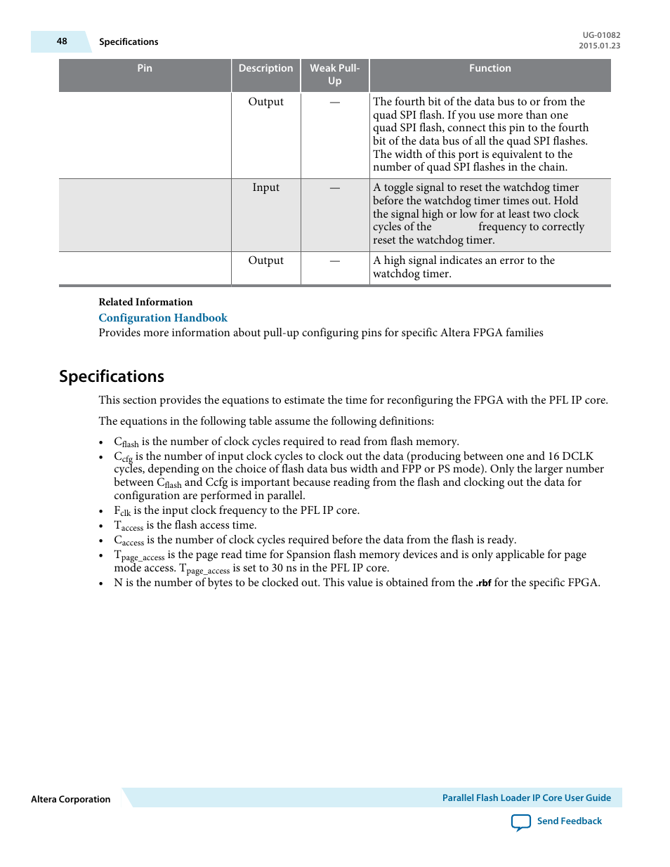 Specifications | Altera Parallel Flash Loader IP User Manual | Page 48 / 57
