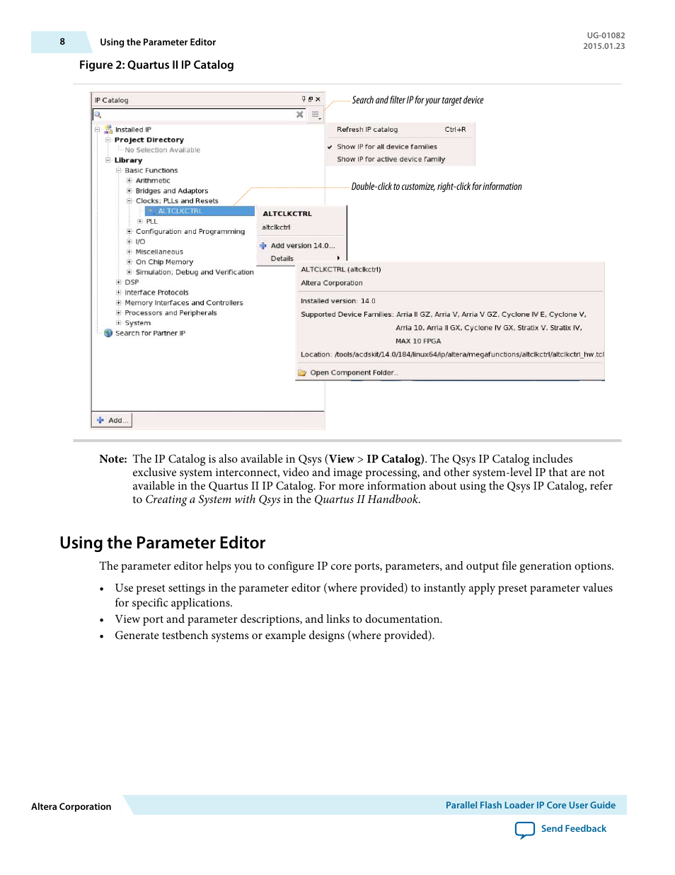 Using the parameter editor | Altera Parallel Flash Loader IP User Manual | Page 8 / 57