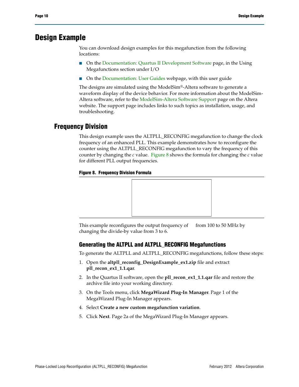 Design example, Frequency division | Altera Phase-Locked Loop Reconfiguration IP Core User Manual | Page 10 / 51