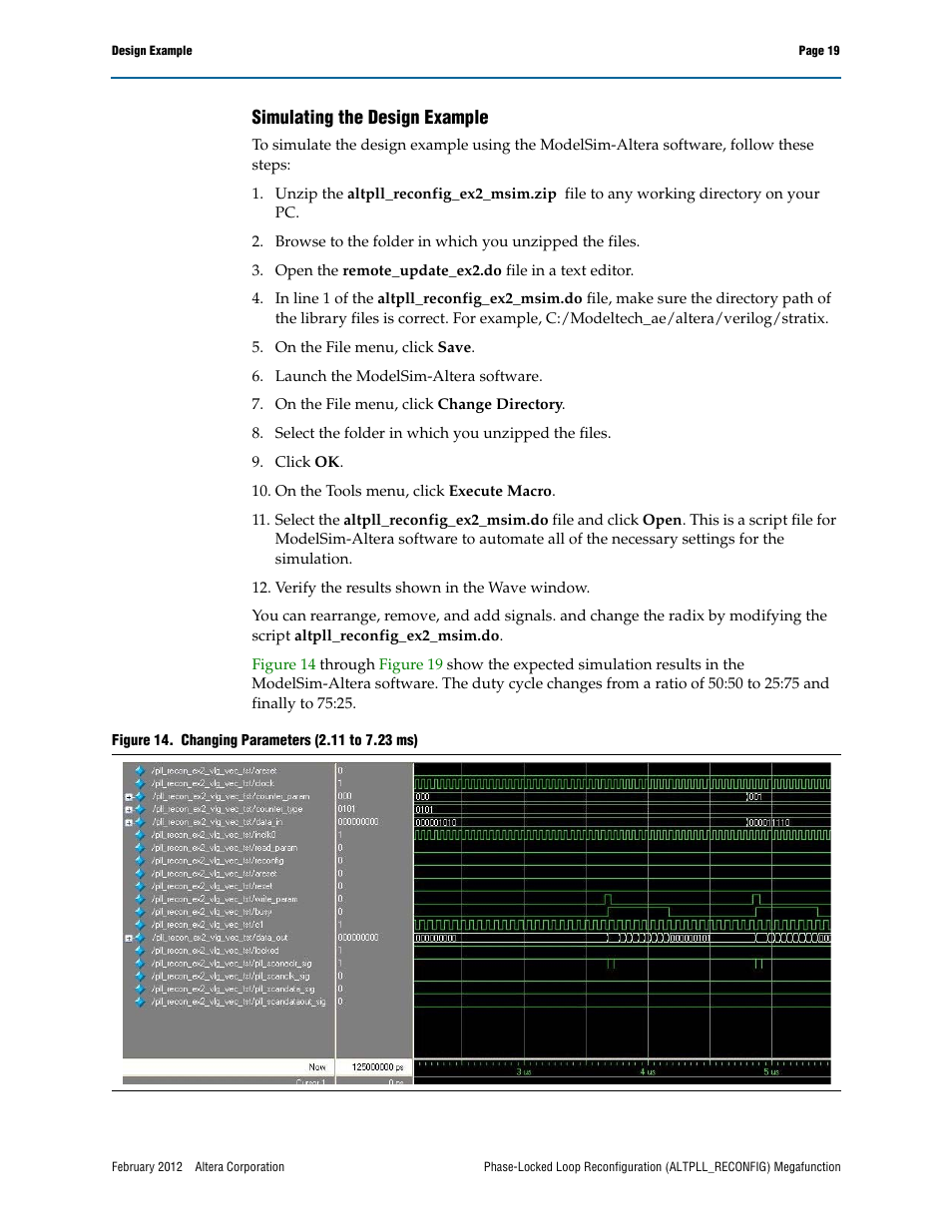 Simulating the design example | Altera Phase-Locked Loop Reconfiguration IP Core User Manual | Page 19 / 51