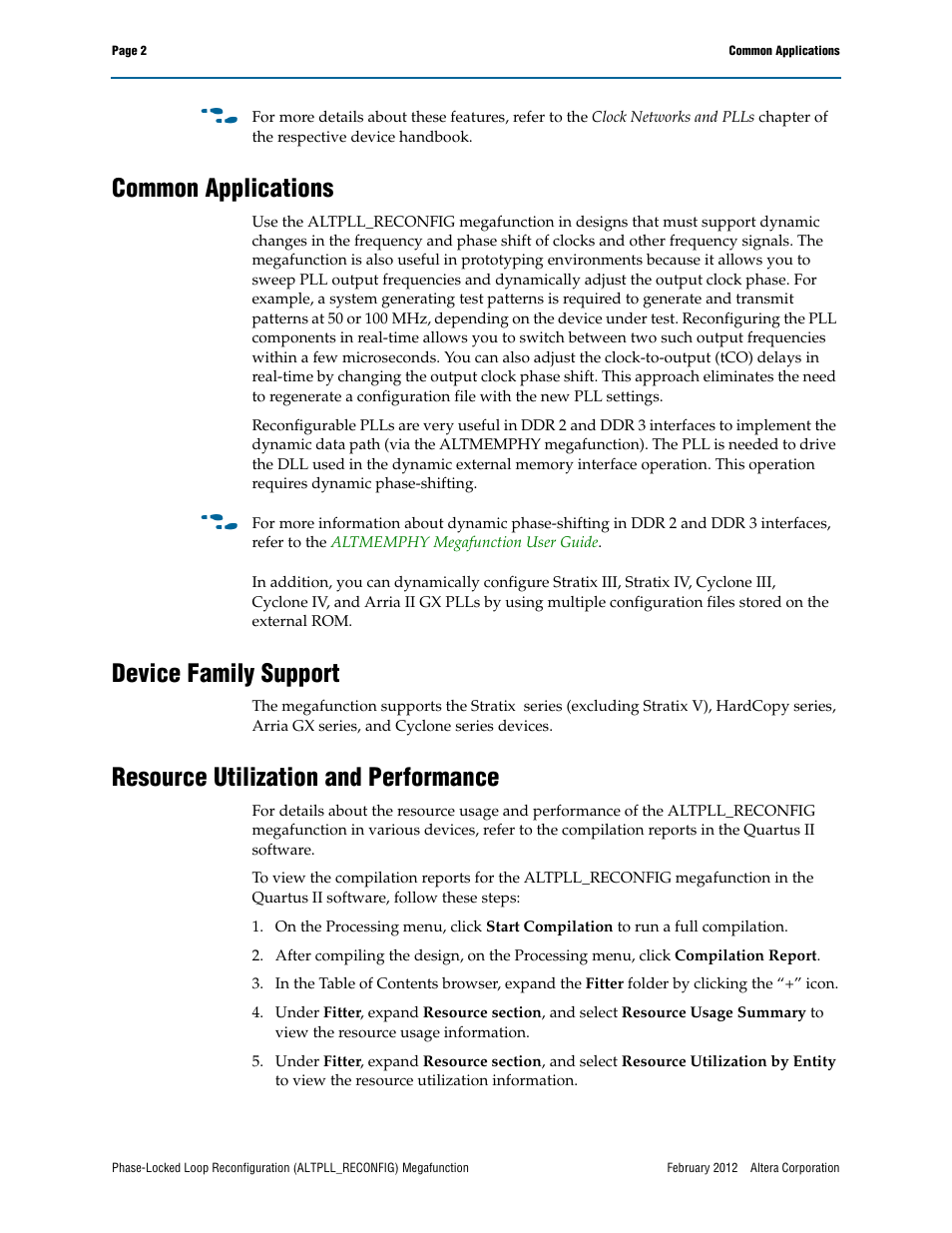 Common applications, Device family support, Resource utilization and performance | Altera Phase-Locked Loop Reconfiguration IP Core User Manual | Page 2 / 51