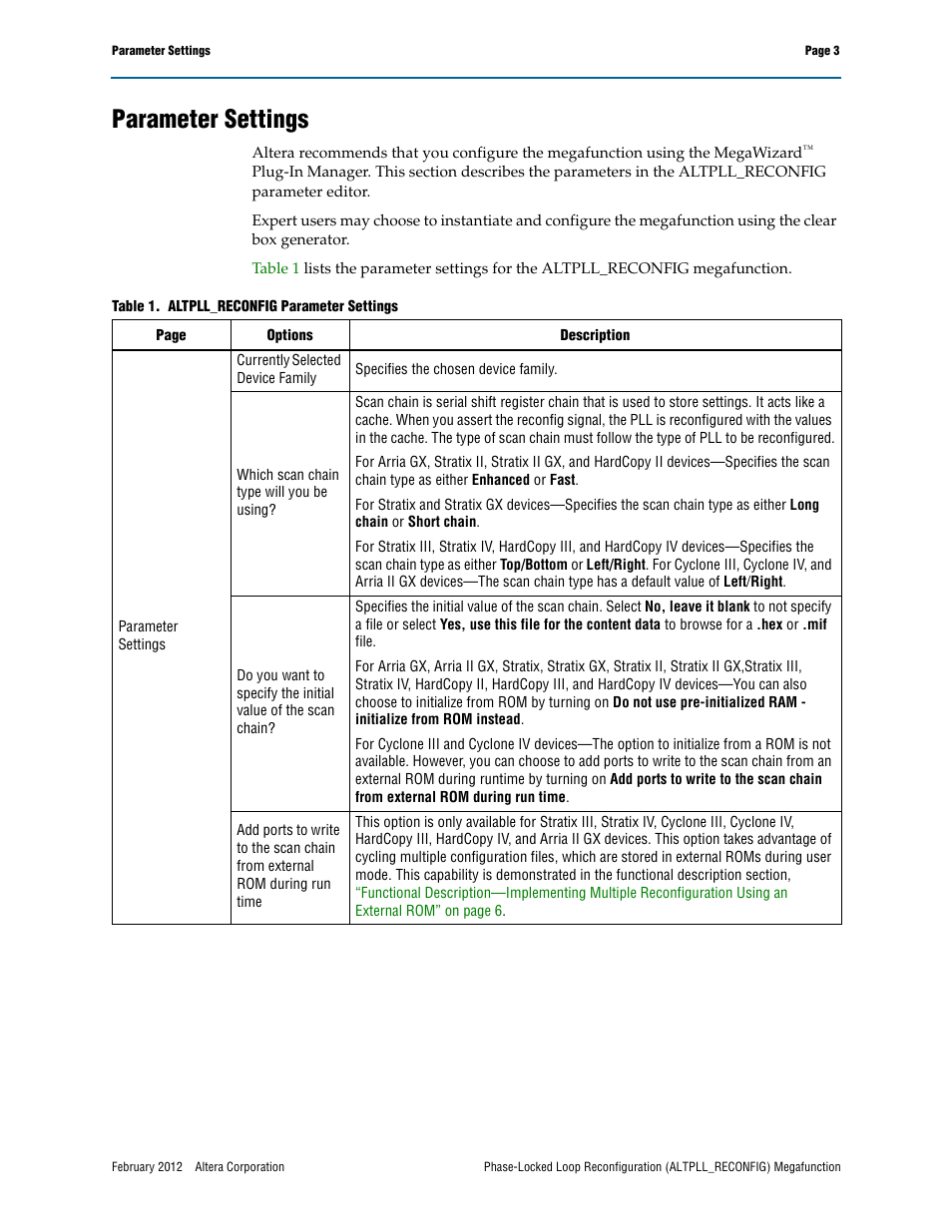Parameter settings | Altera Phase-Locked Loop Reconfiguration IP Core User Manual | Page 3 / 51
