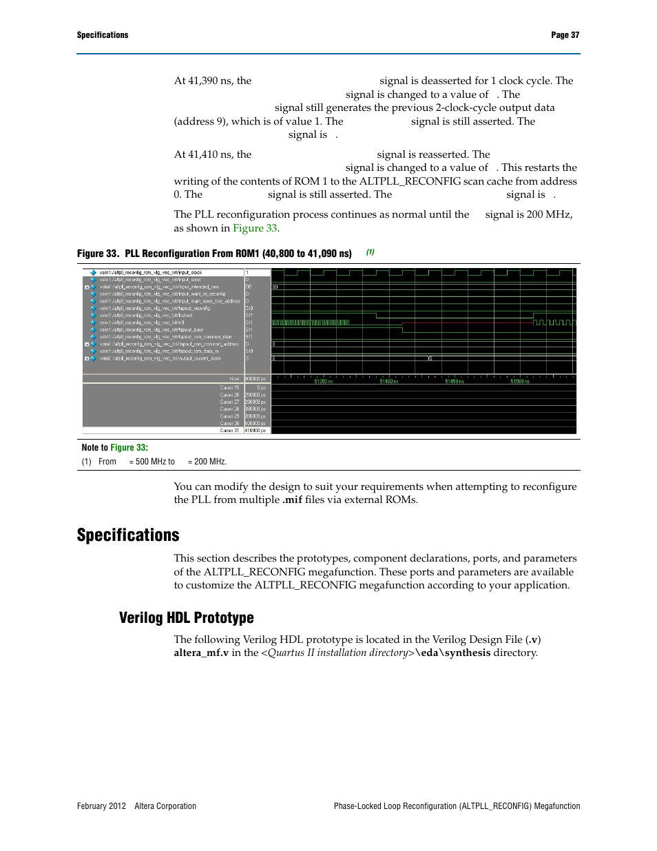 Specifications, Verilog hdl prototype | Altera Phase-Locked Loop Reconfiguration IP Core User Manual | Page 37 / 51