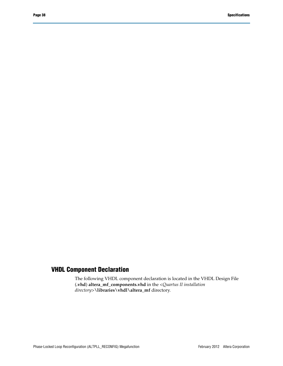 Vhdl component declaration | Altera Phase-Locked Loop Reconfiguration IP Core User Manual | Page 38 / 51