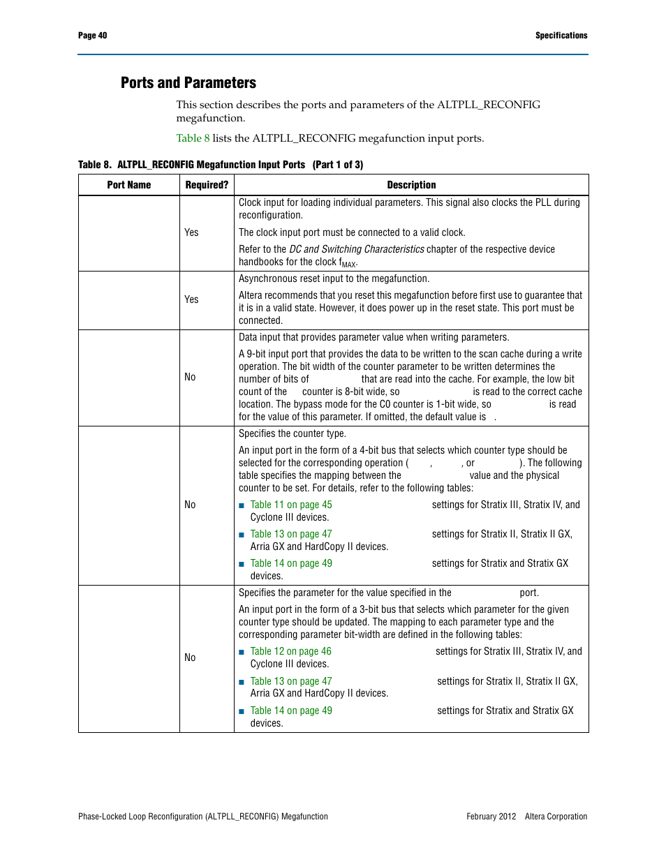 Ports and parameters | Altera Phase-Locked Loop Reconfiguration IP Core User Manual | Page 40 / 51