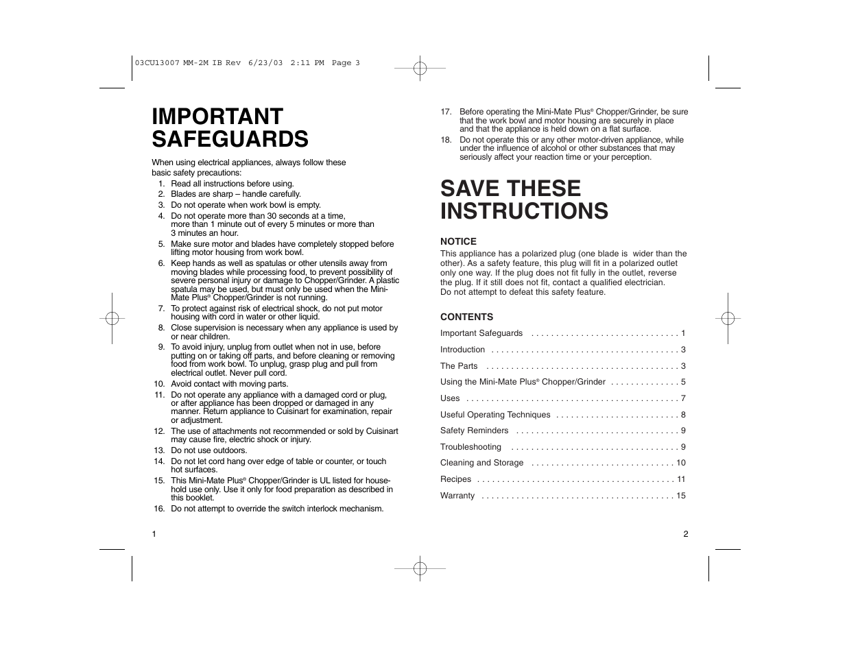 Save these instructions, Important safeguards | Cuisinart MM-2M User Manual | Page 2 / 8