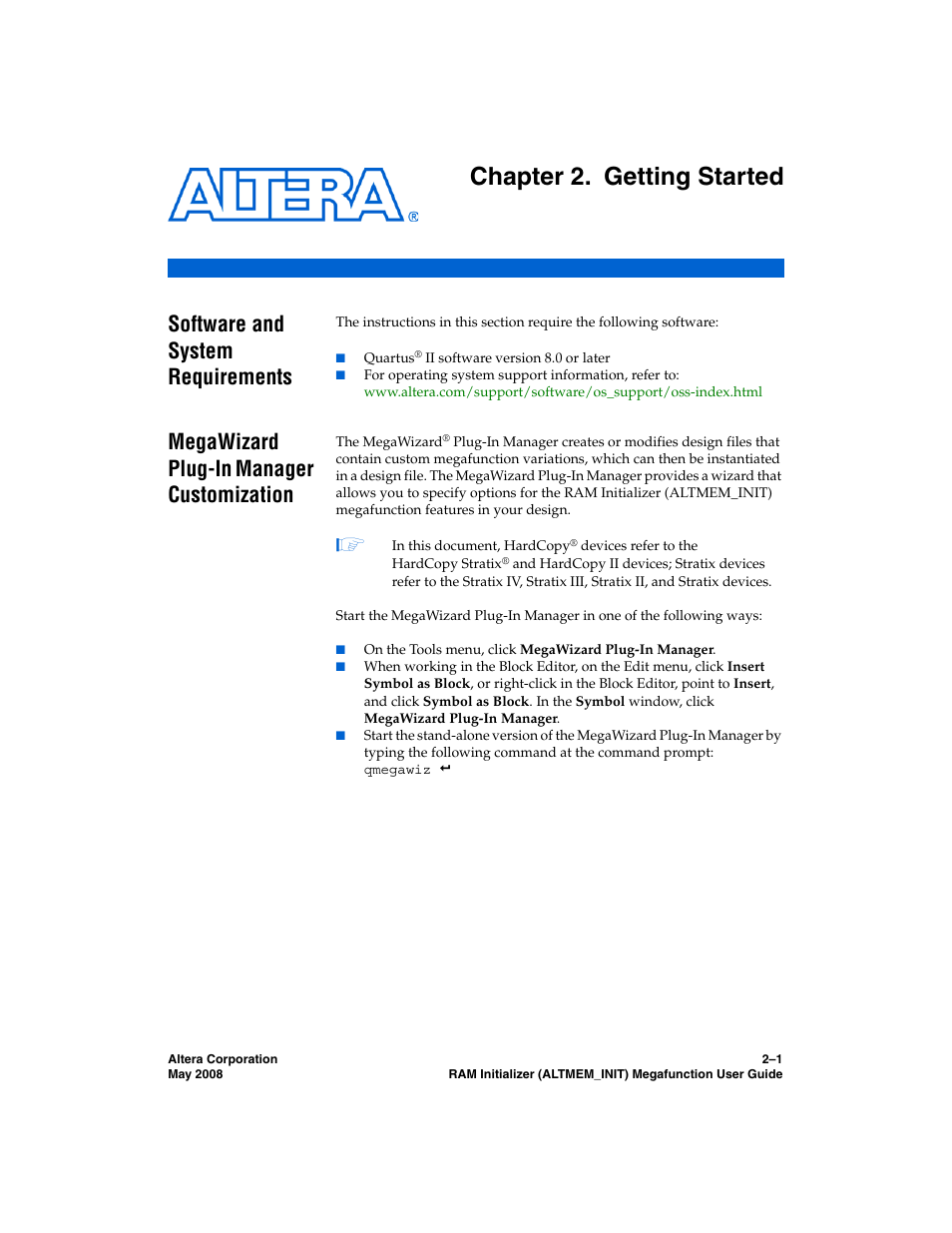 Chapter 2. getting started, Software and system requirements, Megawizard plug-in manager customization | Altera RAM Initializer User Manual | Page 13 / 36