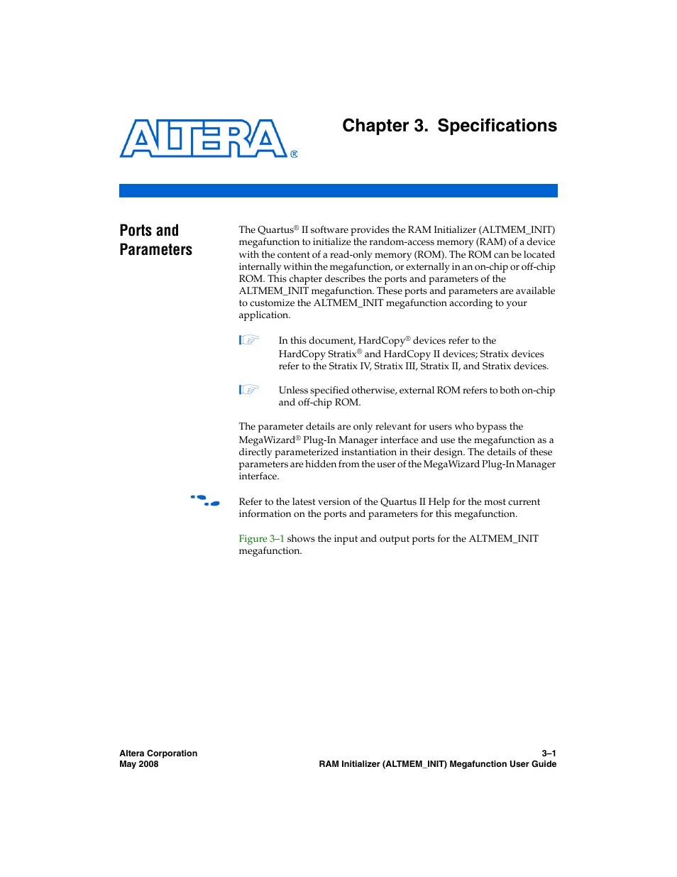 Chapter 3. specifications, Ports and parameters, Ports and parameters –1 | Chapter 3, specifications | Altera RAM Initializer User Manual | Page 33 / 36