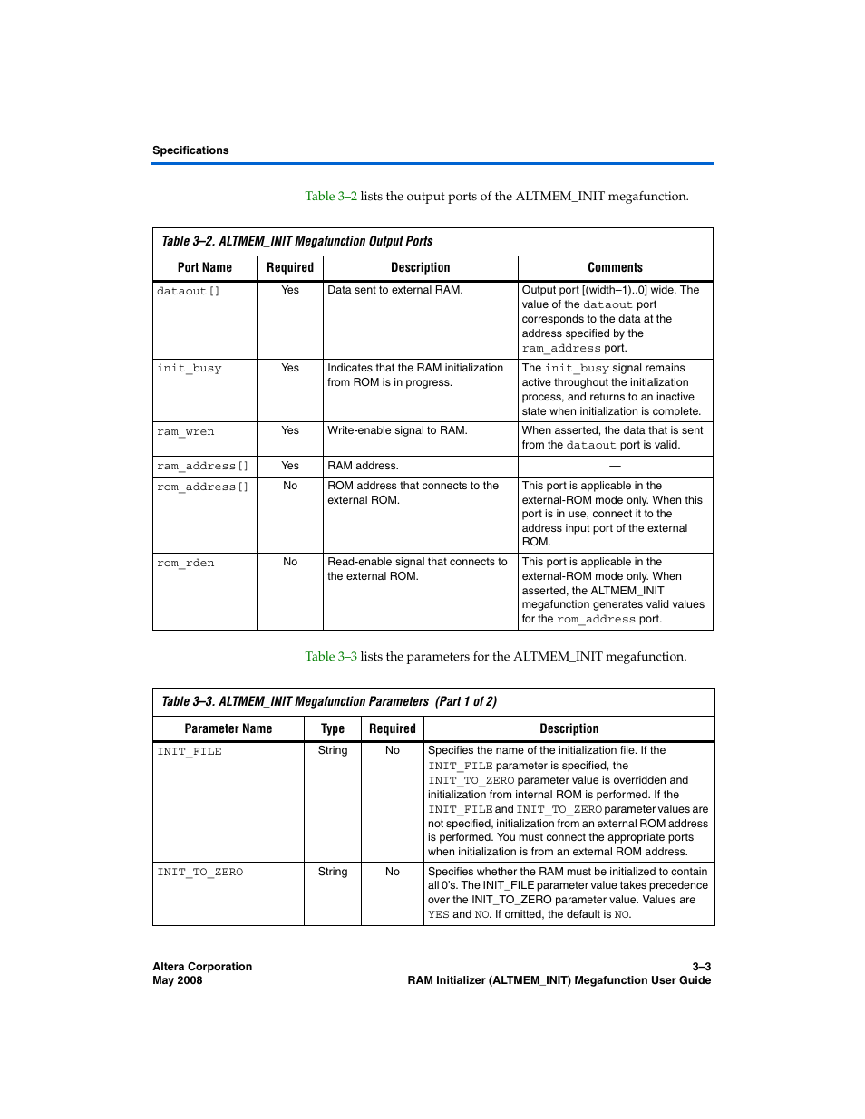 Table 3–2, Shows the, Table 3–3 | Altera RAM Initializer User Manual | Page 35 / 36