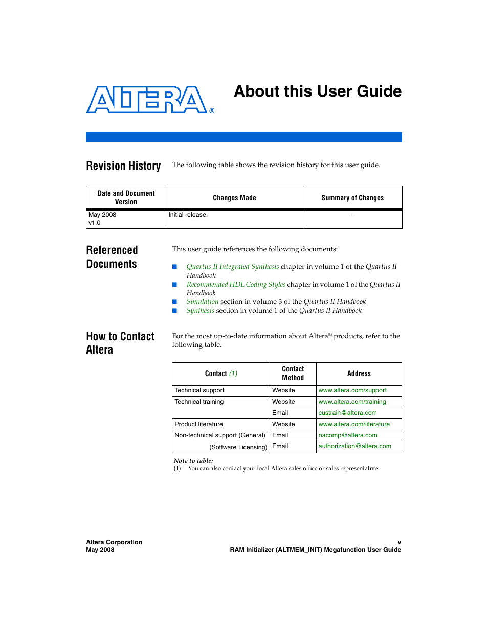 About this user guide, Revision history, Referenced documents | How to contact altera | Altera RAM Initializer User Manual | Page 5 / 36