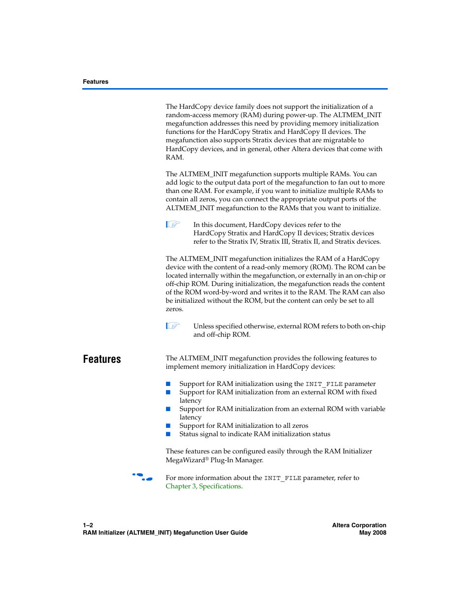 Features, Features –2 | Altera RAM Initializer User Manual | Page 8 / 36