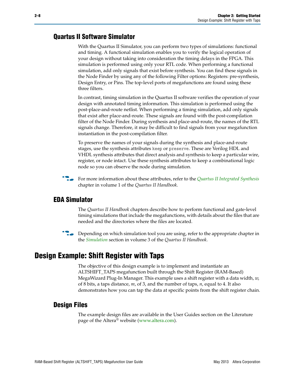 Quartus ii software simulator, Eda simulator, Design example: shift register with taps | Design files | Altera RAM-Based Shift Register User Manual | Page 14 / 26