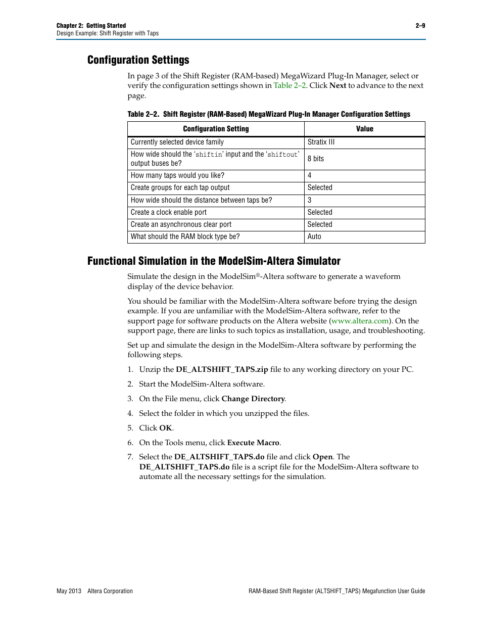 Configuration settings | Altera RAM-Based Shift Register User Manual | Page 15 / 26