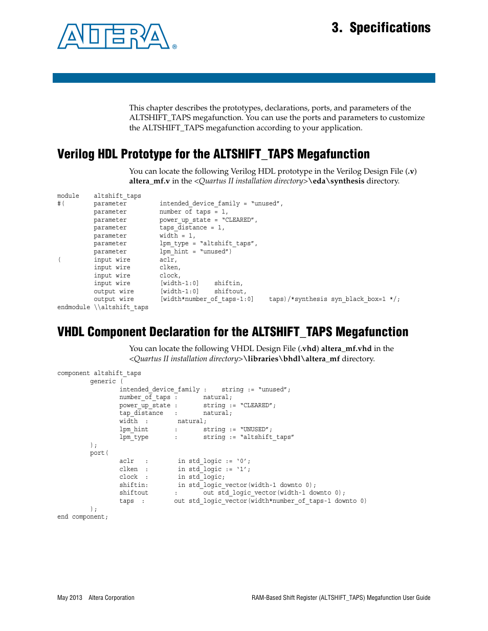 Specifications, Chapter 3, specifications | Altera RAM-Based Shift Register User Manual | Page 21 / 26
