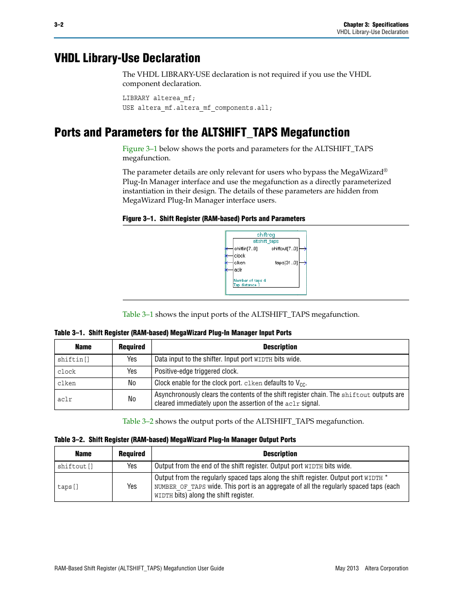 Vhdl library-use declaration | Altera RAM-Based Shift Register User Manual | Page 22 / 26