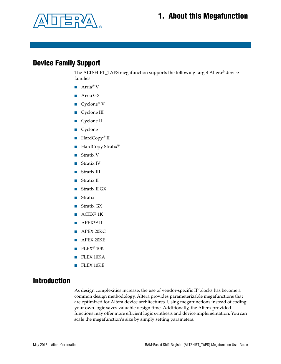 About this megafunction, Device family support, Introduction | Altera RAM-Based Shift Register User Manual | Page 3 / 26