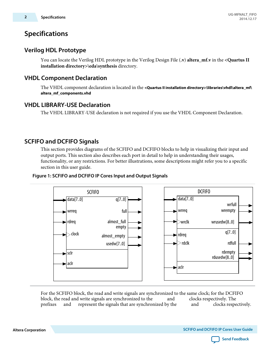 Specifications, Verilog hdl prototype, Vhdl component declaration | Vhdl library-use declaration, Scfifo and dcfifo signals | Altera SCFIFO User Manual | Page 2 / 28