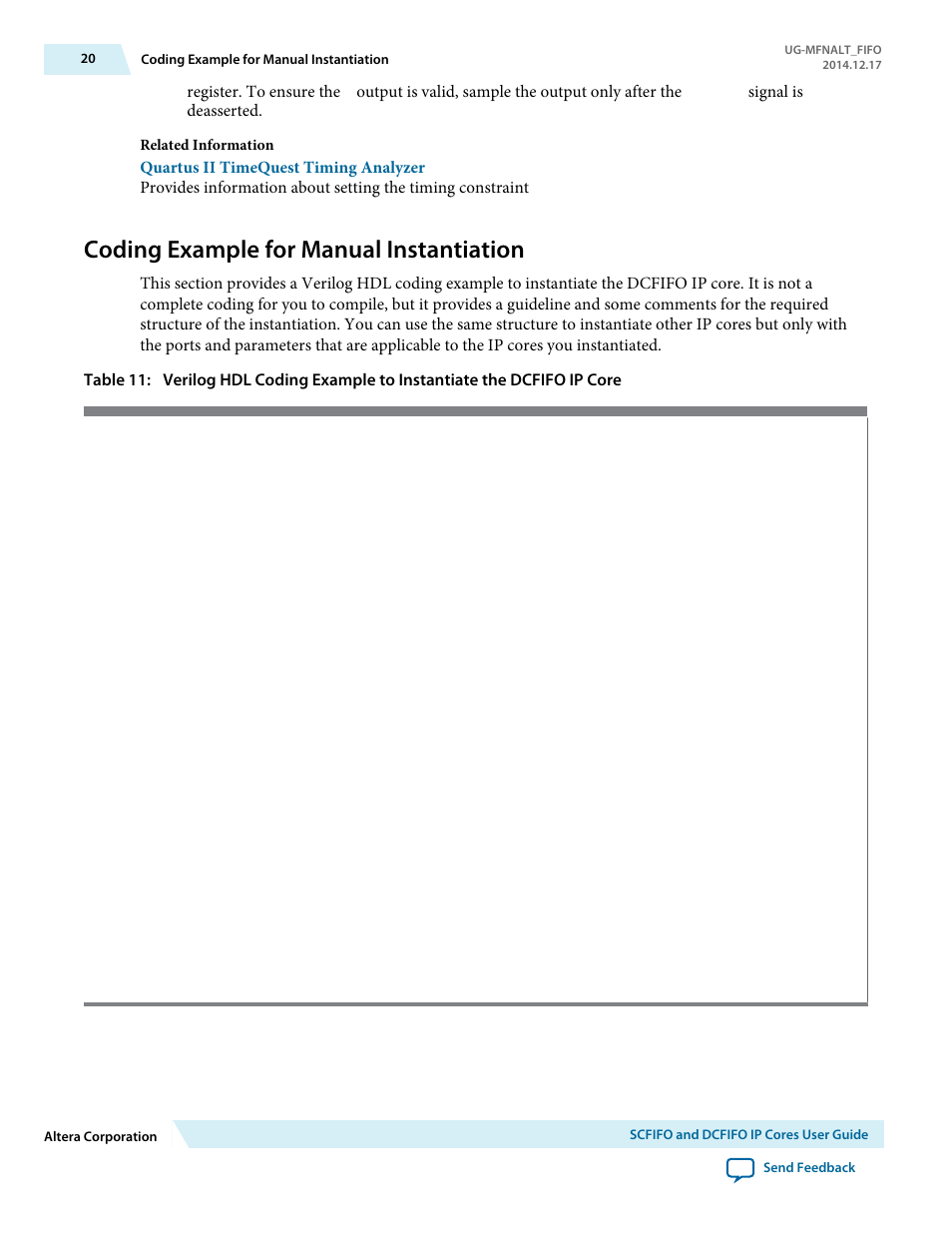 Coding example for manual instantiation | Altera SCFIFO User Manual | Page 20 / 28