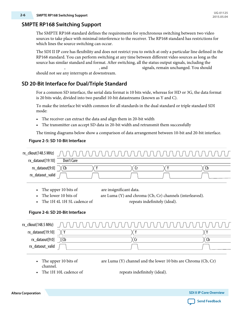 Smpte rp168 switching support, Sd 20-bit interface for dual/triple standard, Smpte rp168 switching support -6 | Sd 20-bit interface for dual/triple standard -6 | Altera SDI II MegaCore User Manual | Page 11 / 89