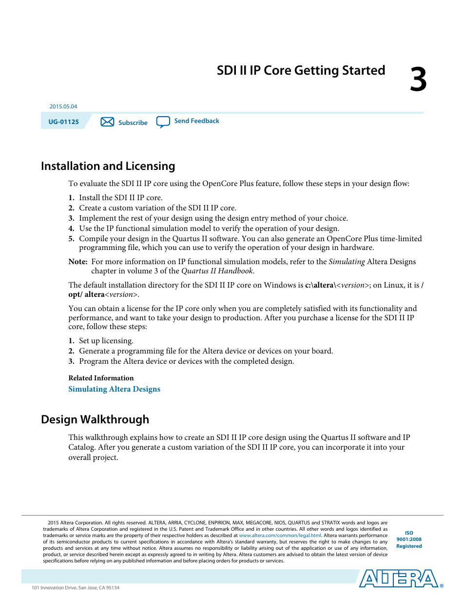 Sdi ii ip core getting started, Installation and licensing, Design walkthrough | Sdi ii ip core getting started -1, Installation and licensing -1, Design walkthrough -1 | Altera SDI II MegaCore User Manual | Page 16 / 89