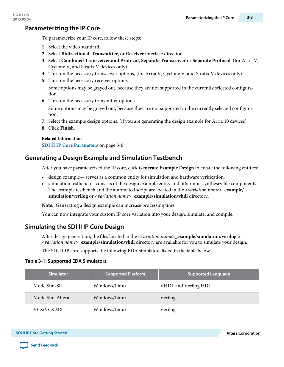 Parameterizing the ip core, Simulating the sdi ii ip core design, Parameterizing the ip core -3 | Simulating the sdi ii ip core design -3 | Altera SDI II MegaCore User Manual | Page 18 / 89