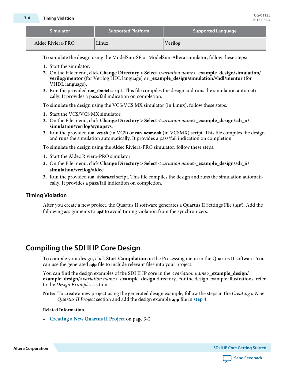 Timing violation, Compiling the sdi ii ip core design, Compiling the sdi ii ip core design -4 | Altera SDI II MegaCore User Manual | Page 19 / 89