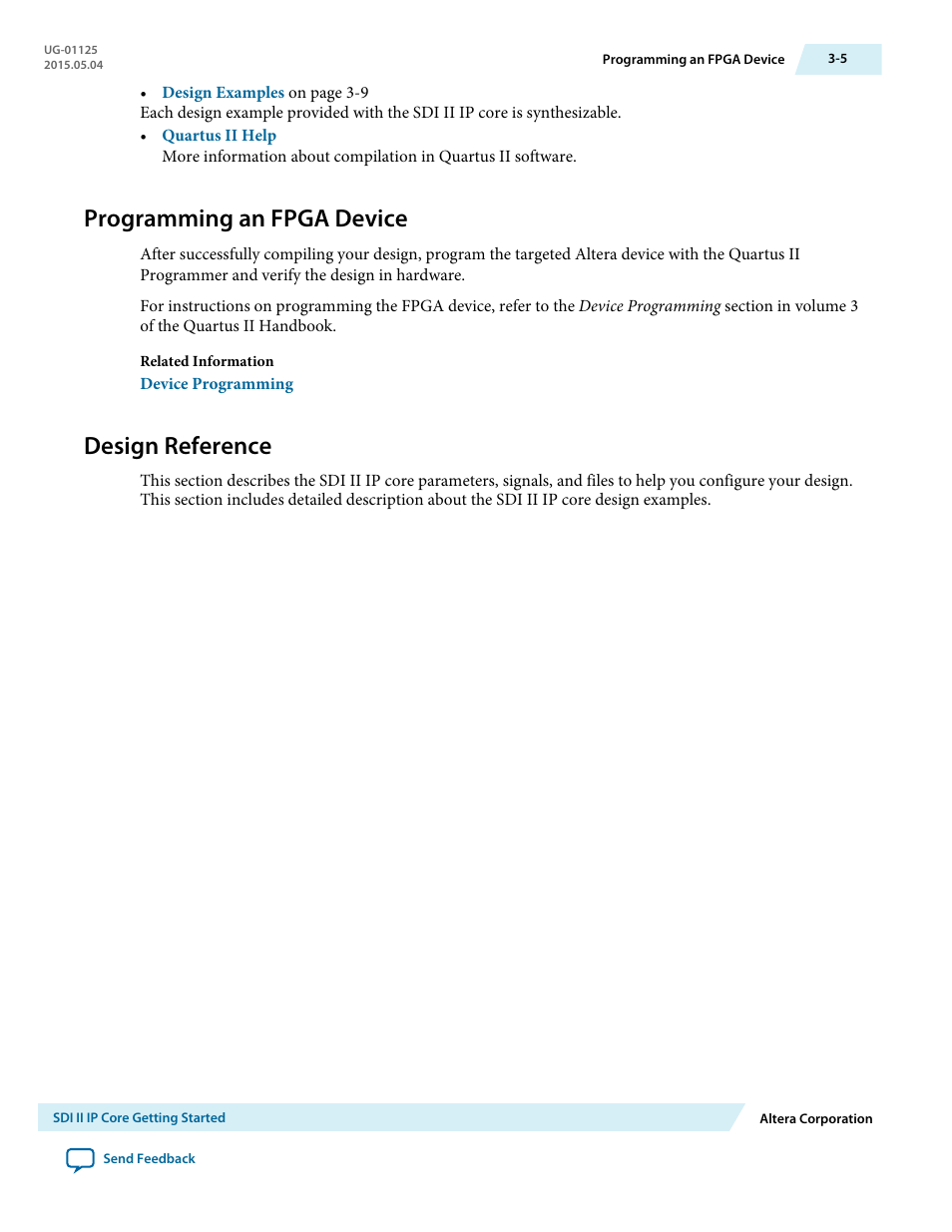 Programming an fpga device, Design reference, Programming an fpga device -5 | Design reference -5 | Altera SDI II MegaCore User Manual | Page 20 / 89