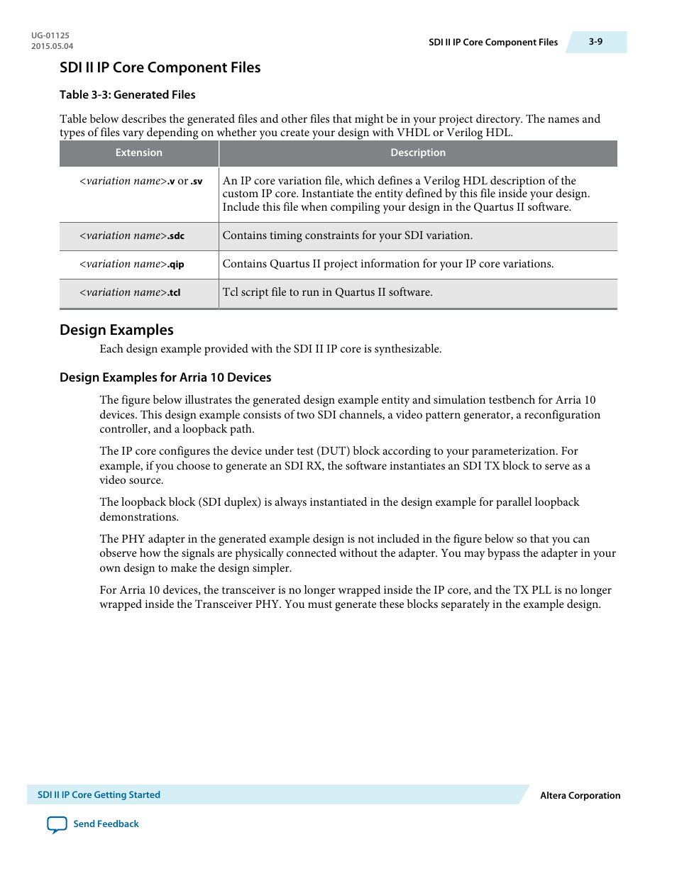 Sdi ii ip core component files, Design examples, Design examples for arria 10 devices | Sdi ii ip core component files -9, Design examples -9 | Altera SDI II MegaCore User Manual | Page 24 / 89