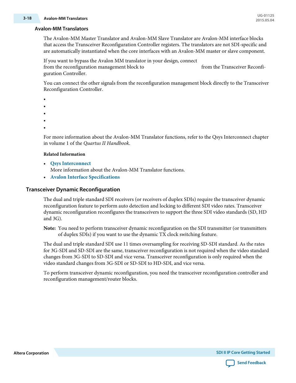 Avalon-mm translators, Transceiver dynamic reconfiguration | Altera SDI II MegaCore User Manual | Page 33 / 89