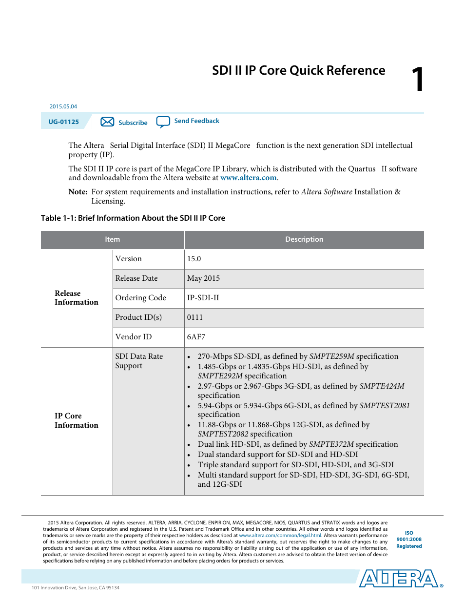 Sdi ii ip core quick reference, Sdi ii ip core quick reference -1 | Altera SDI II MegaCore User Manual | Page 4 / 89
