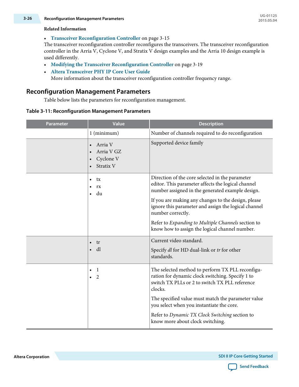 Reconfiguration management parameters, Reconfiguration management parameters -26 | Altera SDI II MegaCore User Manual | Page 41 / 89